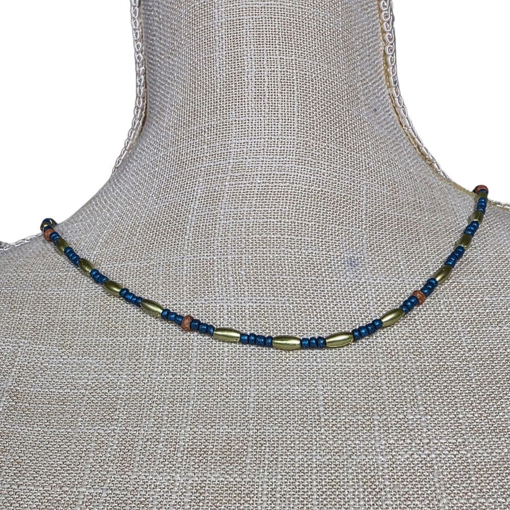 Beaded Necklace‎ Boho Chic Gold Blue Brown Accent Necklace Women